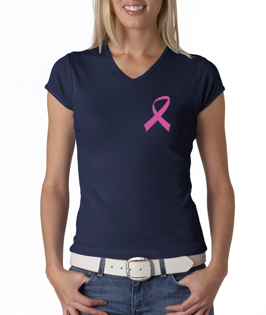 Breast Cancer Ladies Tshirt Vneck Pink Ribbon Pocket Print Navy Breast Cancer Awareness