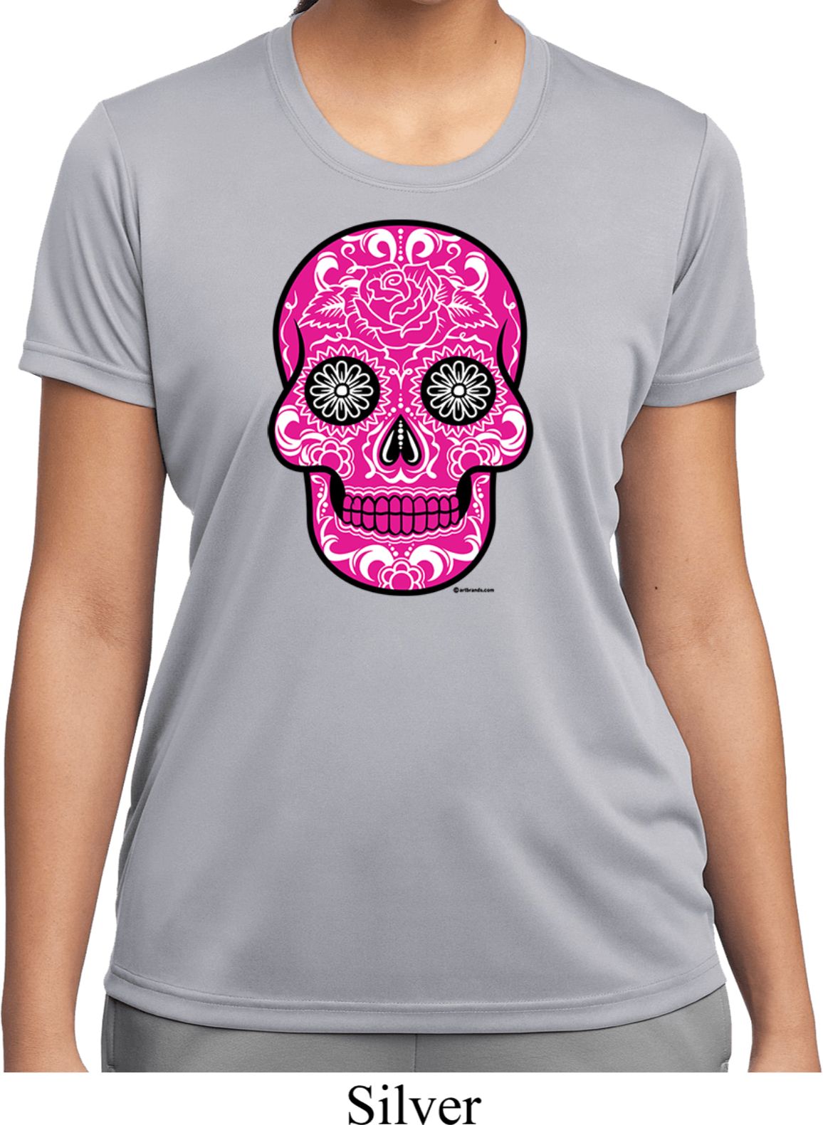 Ladies Pink Sugar Skull Dry Wicking T-shirt - Pink Sugar Skull Ladies ...