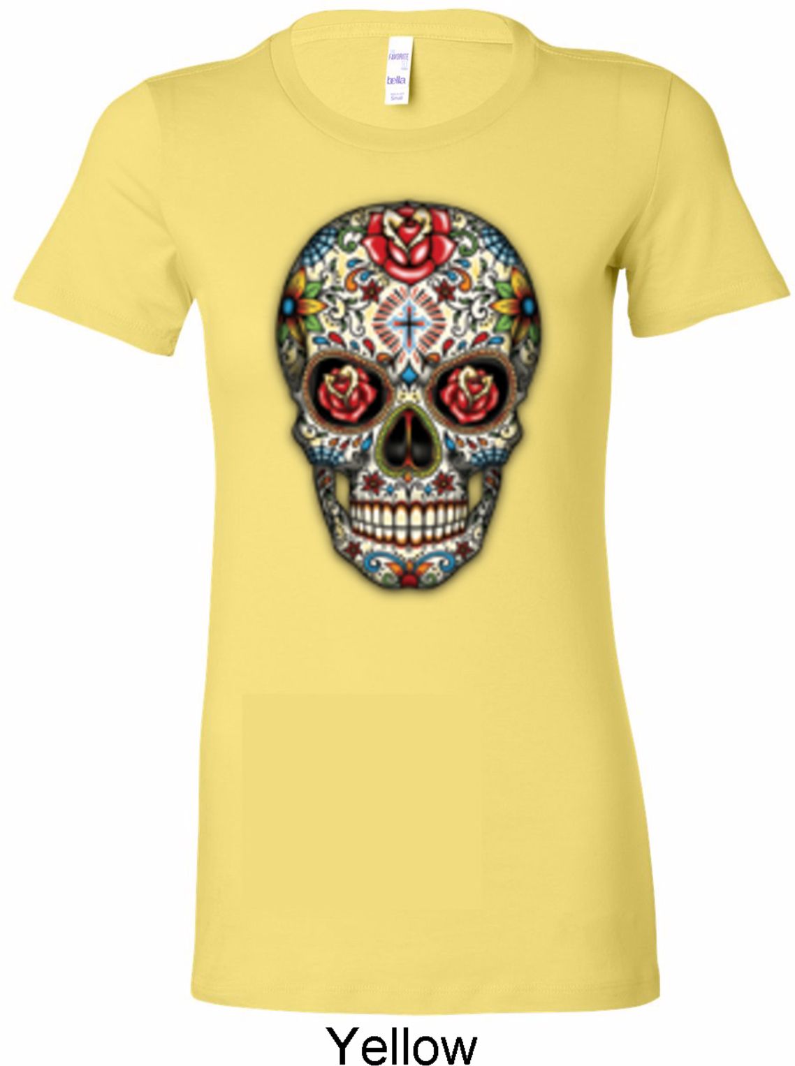 Ladies Skull Shirt Sugar Skull with Roses Longer Length Tee TShirt