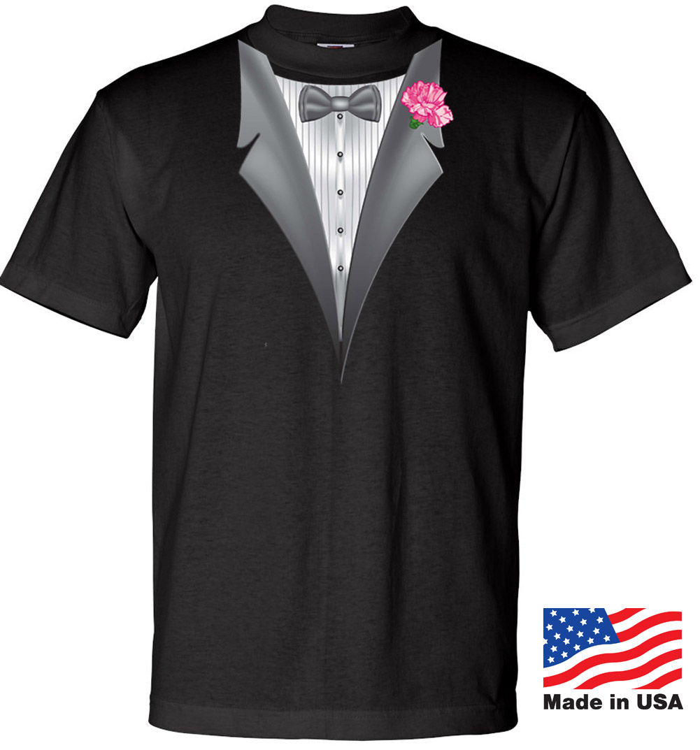 Made in the USA Mens Tuxedo Tee Shirt with Pink Flower Black Tuxedo