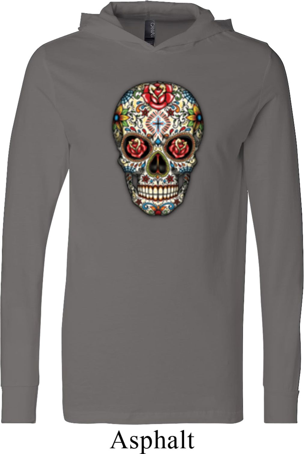 Mens Skull Shirt Sugar Skull with Roses Lightweight Hoodie Tee Sugar