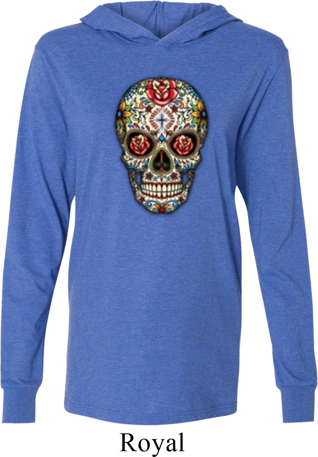 Mens Skull Shirt Sugar Skull with Roses Lightweight Hoodie Tee Sugar