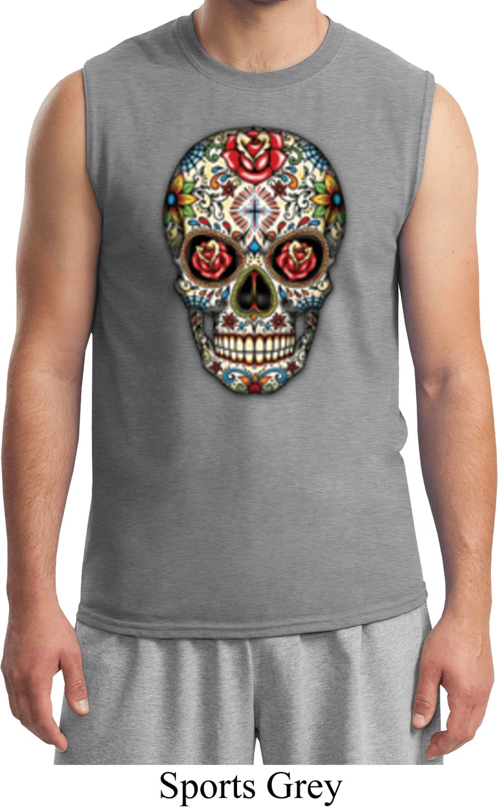 Mens Skull Shirt Sugar Skull with Roses Muscle Tee TShirt Sugar Skull with Roses Mens Skull
