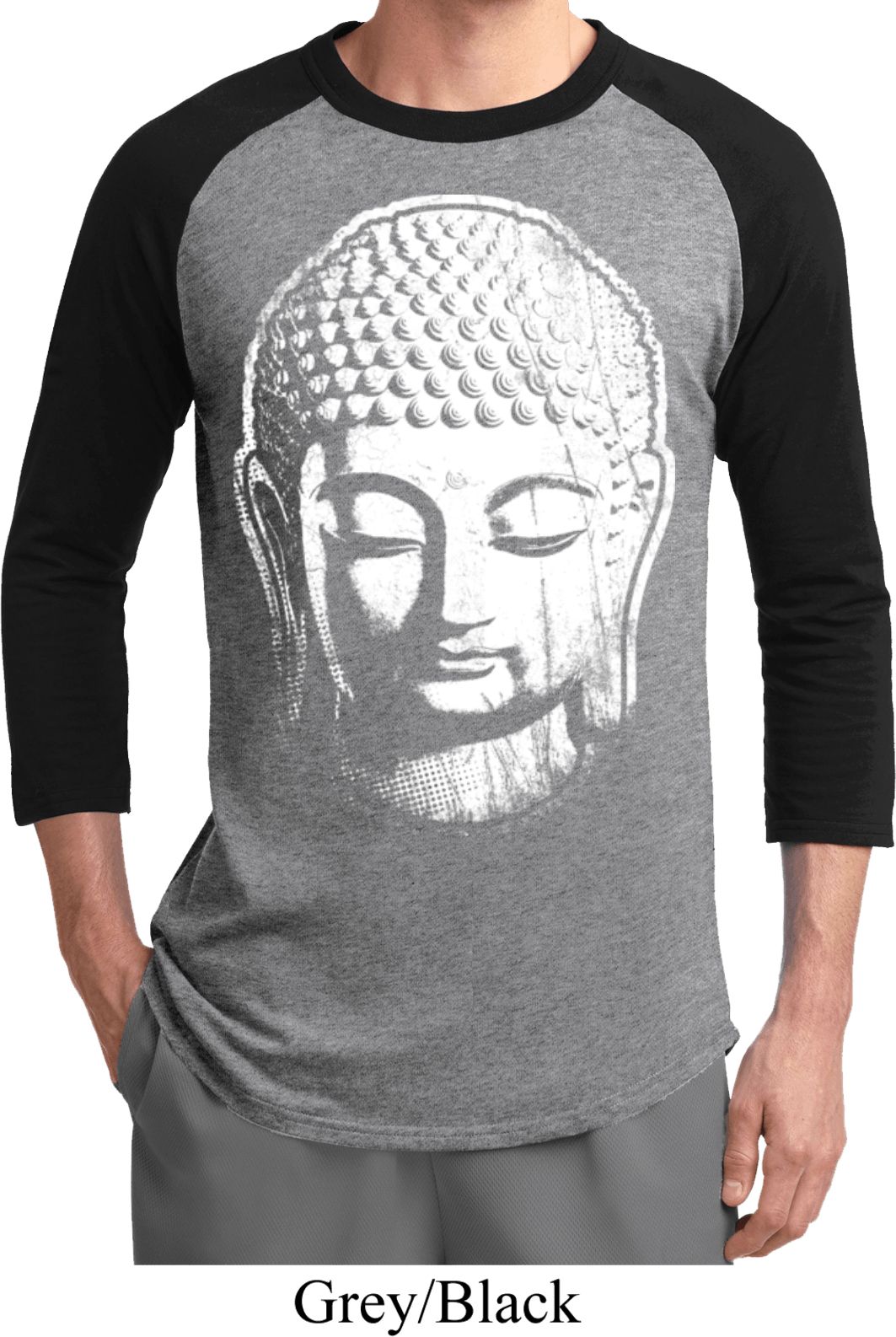 Mens Yoga Shirt Big Buddha Head Raglan Tee TShirt Big Buddha Head