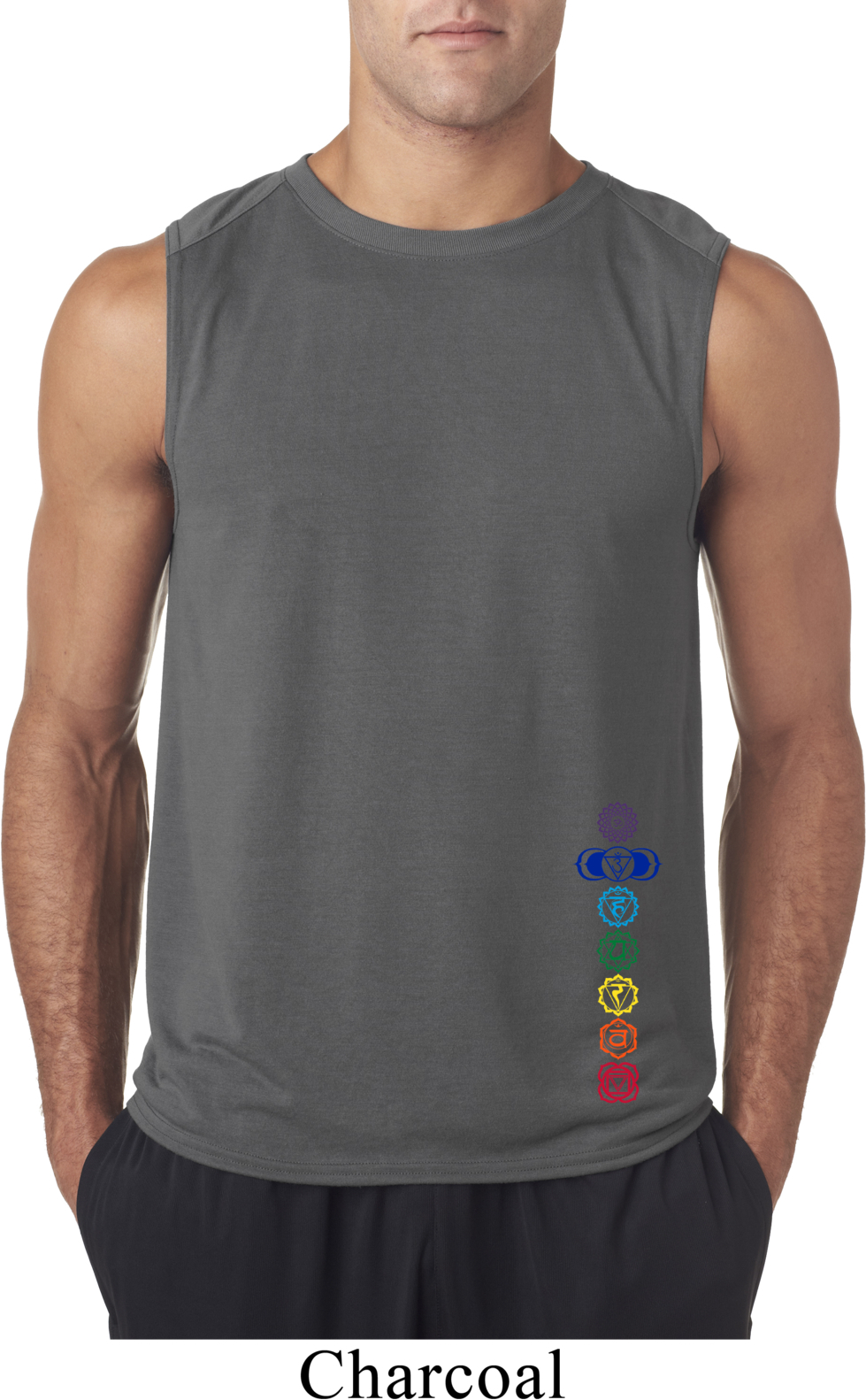 Mens Yoga Shirt Colored Chakras Bottom Print Sleeveless Tee TShirt