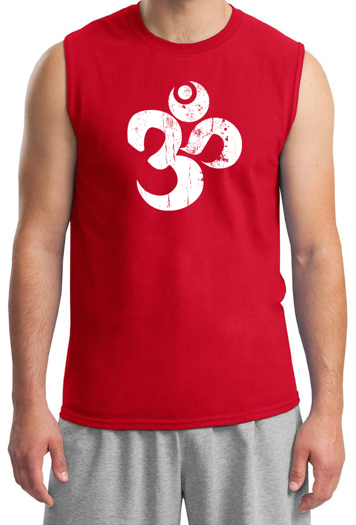 Mens Yoga Shirt White Distressed OM Muscle Tee TShirt White