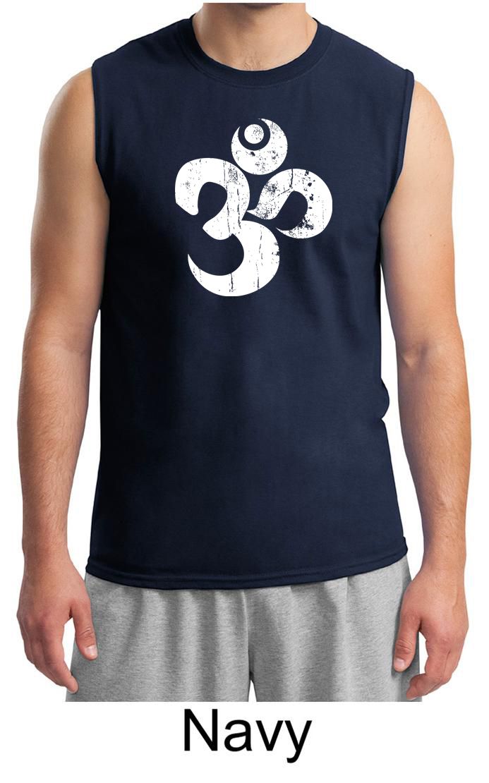 Mens Yoga Shirt White Distressed OM Muscle Tee TShirt White