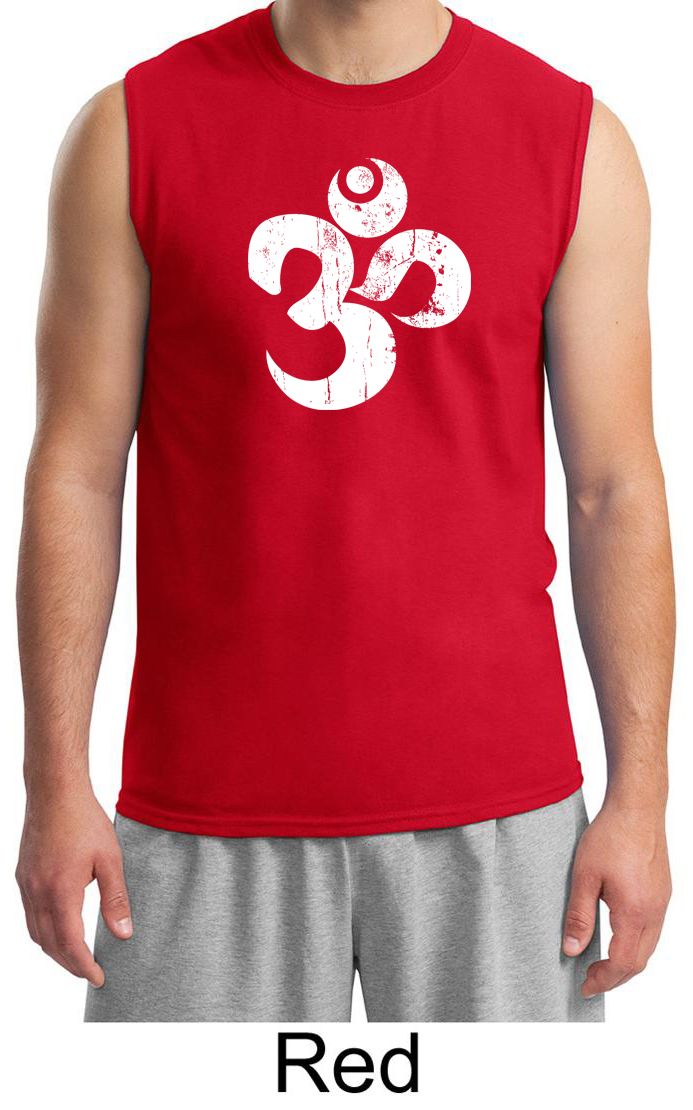 Mens Yoga Shirt White Distressed OM Muscle Tee TShirt White