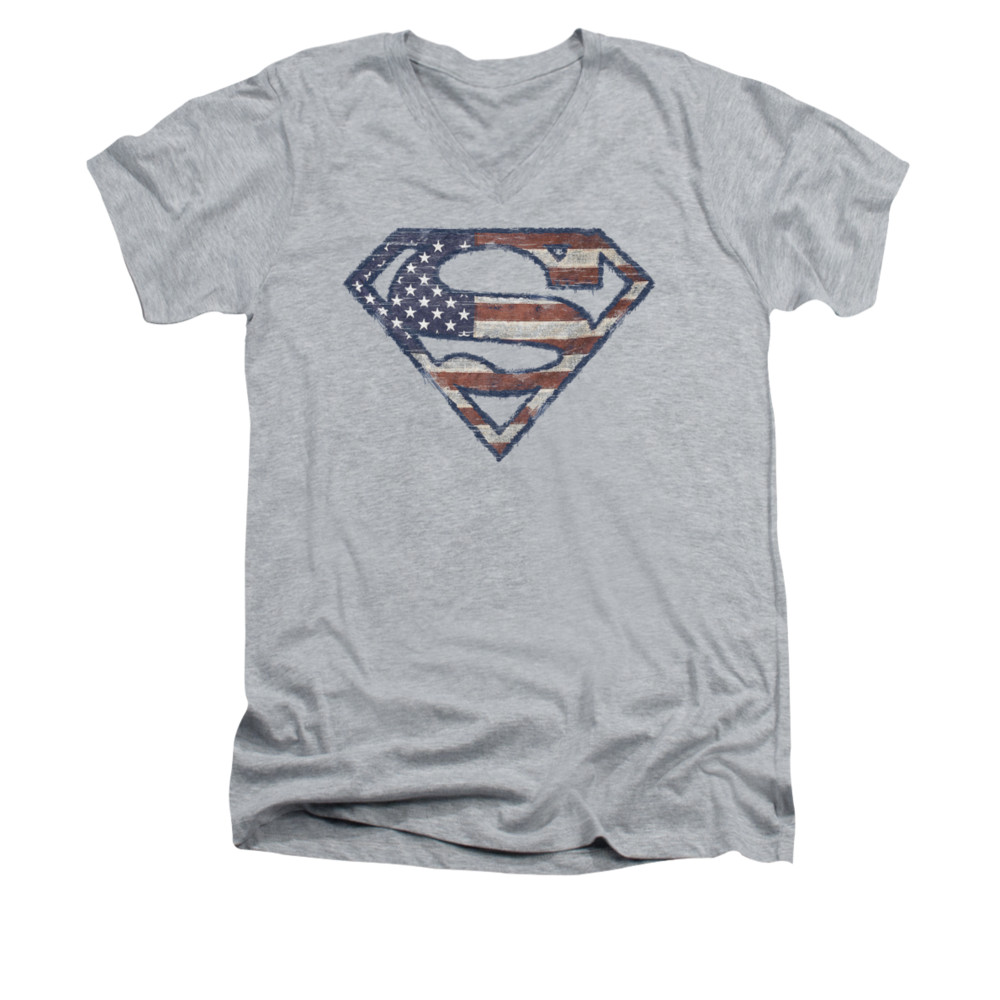 Superman Shirt Slim Fit VNeck Wartorn Flag Shield Athletic Heather TShirt Superman Wartorn