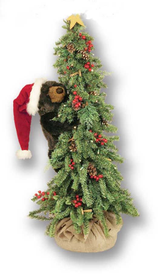 Christmas Tree Bear Climbing Bear With Santa Hat and Decorated Tree