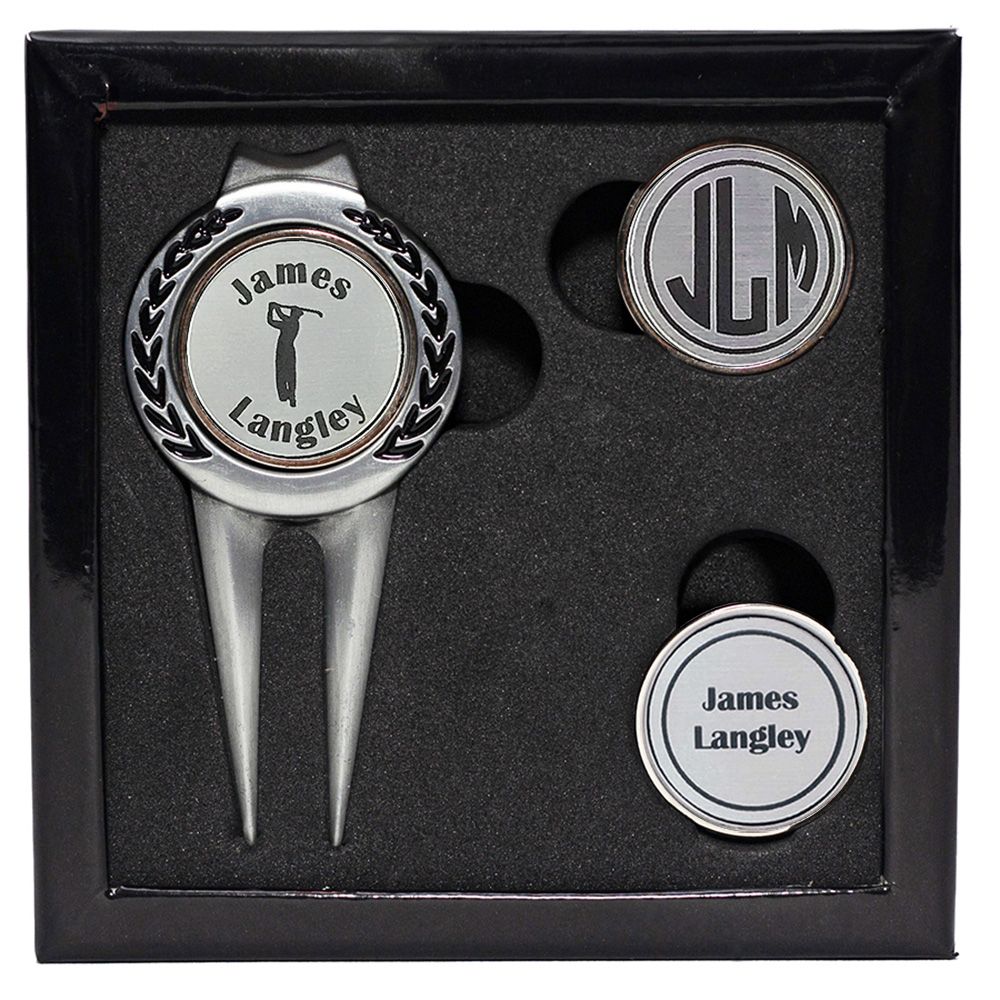Personalized Divot Tool Golf Ball Marker Set Pewter