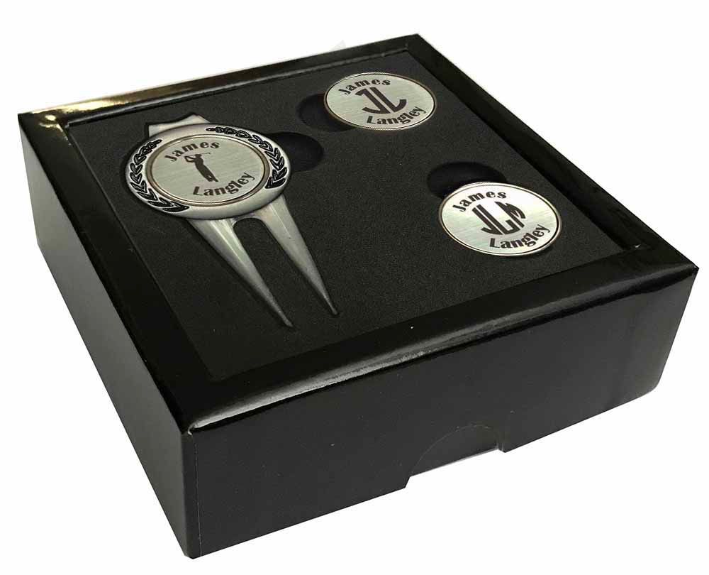 Personalized Divot Tool Golf Ball Marker Set Pewter