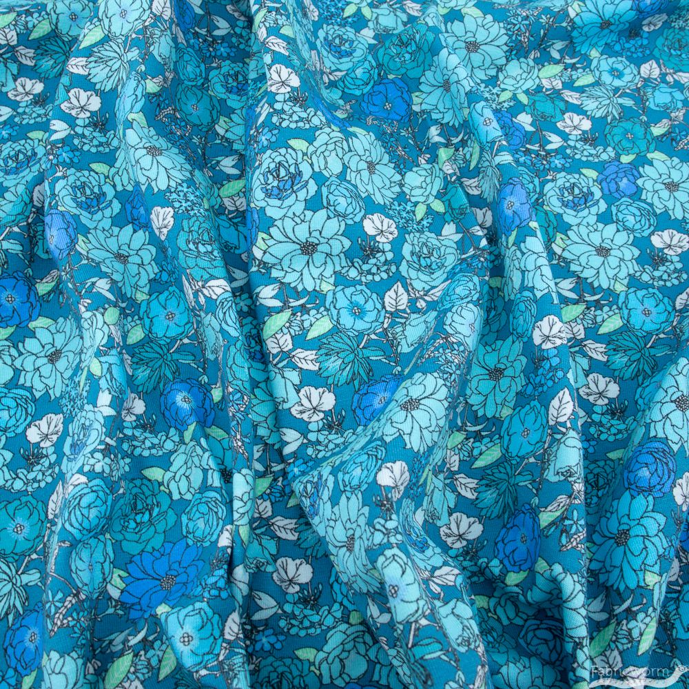 Robert Kaufman, Laguna Jersey Knit Prints, Retro Blooms Blue Jay