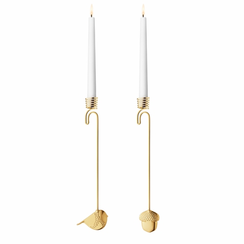 2018 Winter Bird & Acorn Candleholder Set, Gold Plated
