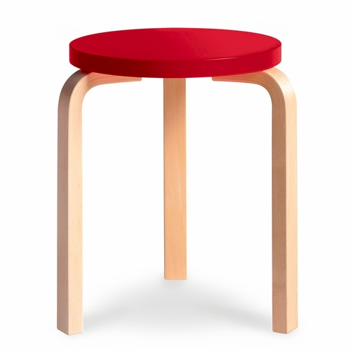 Alvar Aalto Stool 60 - Red Lacquered Seat with Natural Lacquered Birch Legs