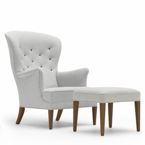 FH419 Heritage Chair & Footstool, Oiled Walnut Legs, Gray Basel Upholstery / Black Buttons