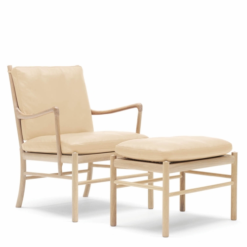 OW149 Colonial Chair & Footstool Set, Oak White Oil, Hand-Cane Seat, Thor 300 Leather Cushions