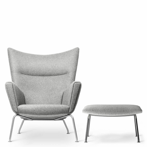 Hans Wegner CH445 Wing Chair & Matching CH466 Footstool Set - Kvadrat Divina Melange 2 120 - QS