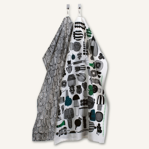 Puutarhurin Parhaat Tea Towel Set of 2, White/Black/Green, 19" x 28"
