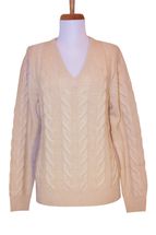 6-ply Women's V-neck Cashmere Sweater Cable Knit (Ivory) 6-ply Women's V-neck Cashmere Sweater Cable Knit (Ivory)