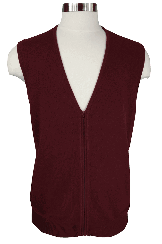 Men's Cashmere Cardigan Zip Vest, 2pocket with zipper (Burgundy)