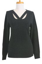 Women's Round Neck Cashmere Sweater with two decorative straps on the front (Charcoal grey) Women's Round Neck Cashmere Sweater with two decorative straps on the front (Charcoal grey)