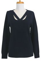 Women's Round Neck Cashmere Sweater with two decorative straps on the front (Navy) Women's Round Neck Cashmere Sweater with two decorative straps on the front (Navy)