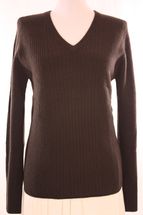 Women's V-Neck Cashmere Sweater with Ribbed Body (Chocolate) Women's V-Neck Cashmere Sweater with Ribbed Body (Chocolate)
