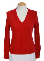 Women's V-Neck Cashmere Sweater with Ribbed Body (Dark Red) Women's V-Neck Cashmere Sweater with Ribbed Body (Dark Red)