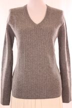 Women's V-Neck Cashmere Sweater with Ribbed Body (Mid Grey) Women's V-Neck Cashmere Sweater with Ribbed Body (Mid Grey)