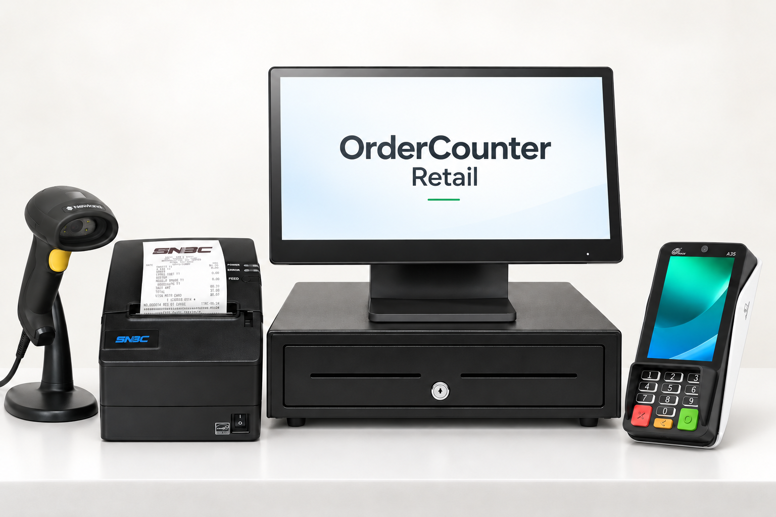 OrderCounter Retail bundle with POSbank EDGE, SNBC printer, PAX A35, Newland HR3280 scanner and cash drawer
