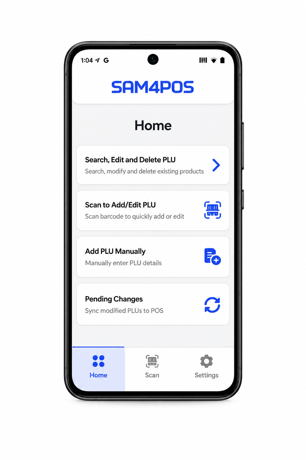 Phone showing the SAM4pos Mobile App home screen