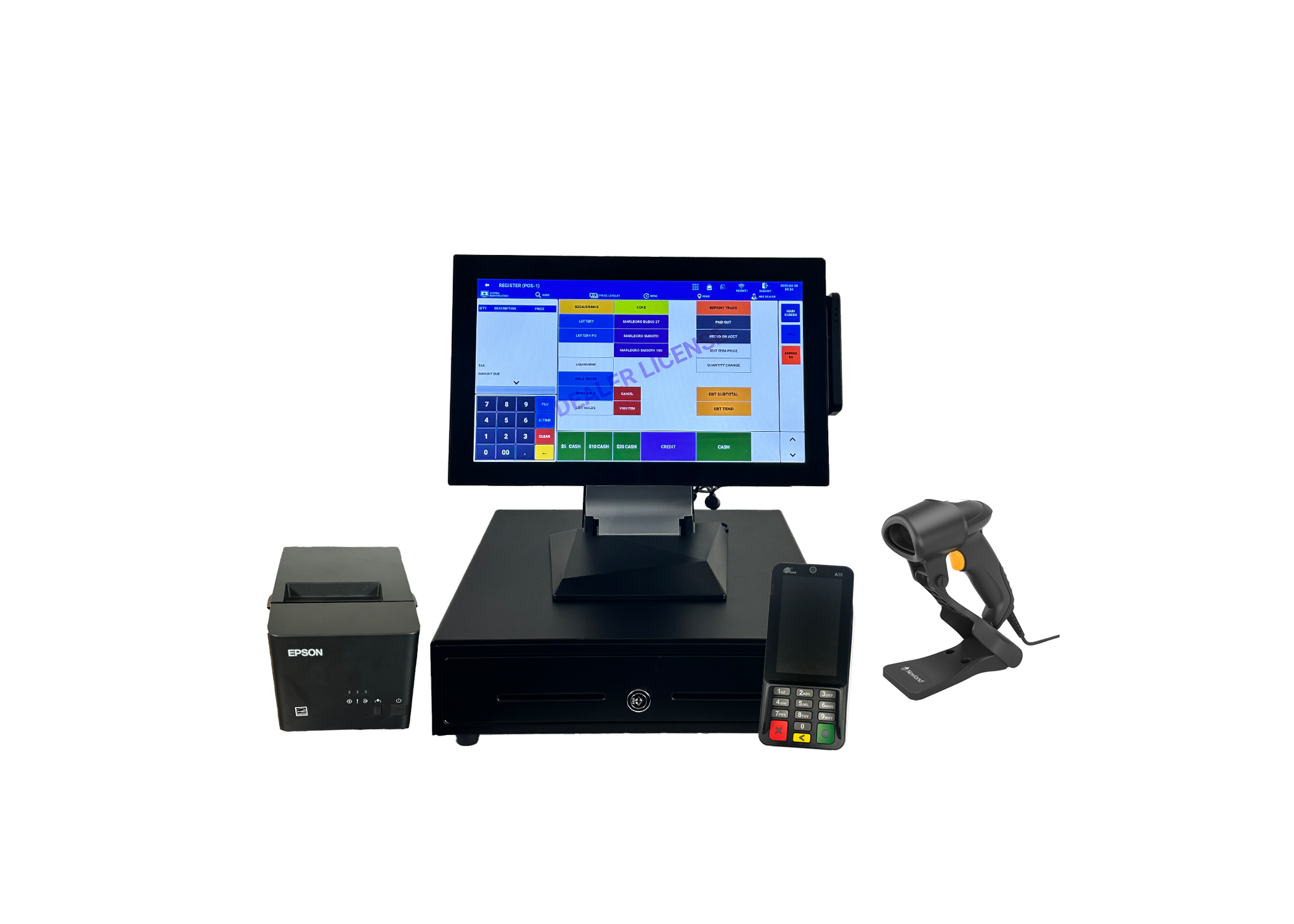 Example widescreen Sapphire bundle with printer, drawer, scanner and PIN pad