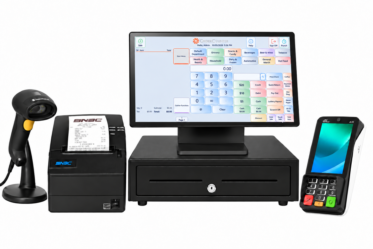 OrderCounter Retail countertop bundle with terminal, printer, scanner, cash drawer and card reader